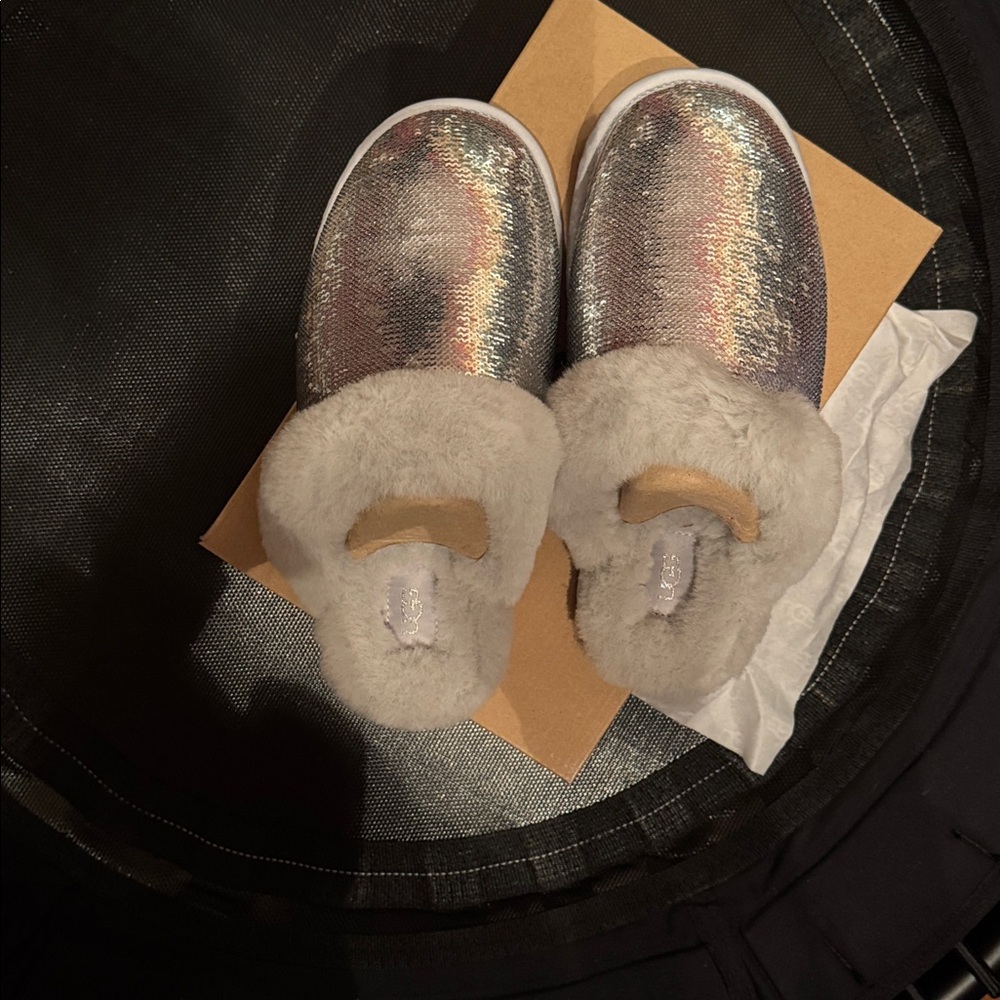 UGG Women’s Scuffette II Slippers in “Mirror Ball” Silver Sequin